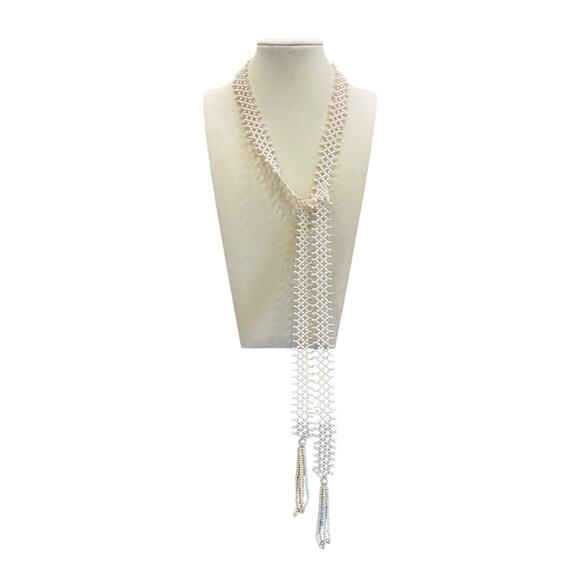 White Faux Pearl Lariat Necklace with Tassels - Picture 3 of 8